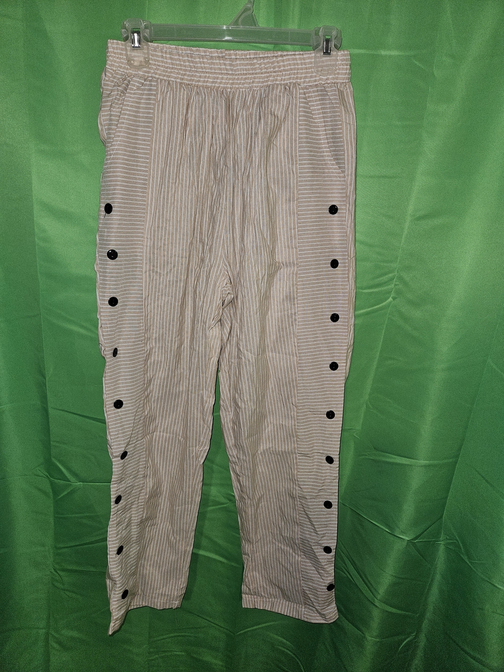 Striped Button-Trim Relaxed Fit Pants - Cream Size Small